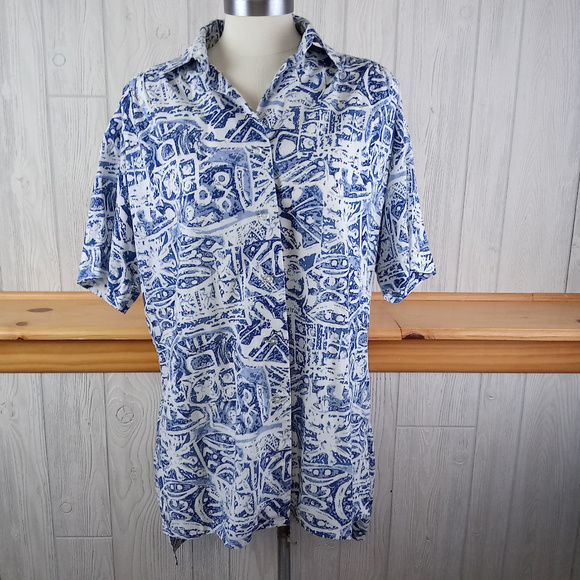 *Blue Tropical / Tribal Print Button Up Tunic Top - Picture 1 of 9